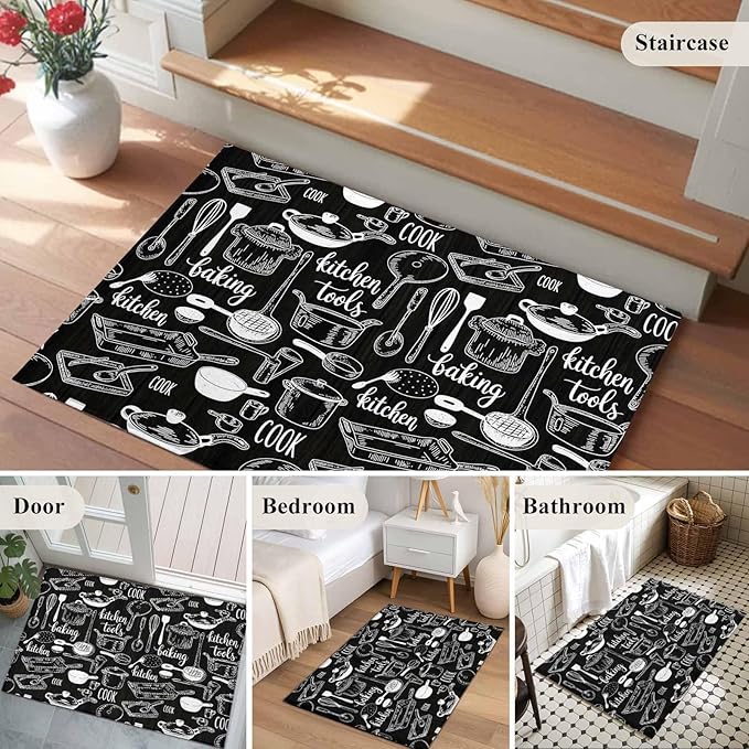 Black Kitchen Tools 2x3 Door Mat Rug, Modern Cooking Utensil Non-Skid Rubber Backing Large Rectangle Rugs - Living Room Bedroom Home Office, Farmhouse Cookware Indoor Floor Mat Carpets Washable Rug