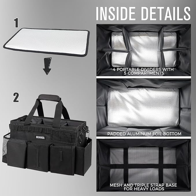 SCAVATA Wearable Cleaning Caddy Bag, Supplies Organizer with Handle & Shoulder Straps for Housekeepers, Under Sink & Car Cleaning Tool Organizer with 4 Foldable Dividers (Black)