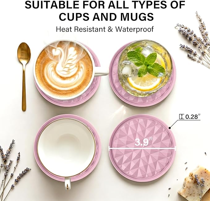 Silicone Coasters for Drinks[6 Pack, Soft Pink] Diamond Design Cup Mat with Holder for Tabletop Protection Non Slip, Non Stick, Coffee Table Decor, Great Gift for Any Occasion