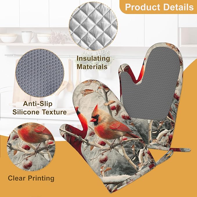Red Cardinal Birds Winter Oven Mitts and Pot Holders Sets of 4,Heat Resistant Silicone Oven Mitts Gloves Non-Slip Kitchen Mittens Potholders for Cooking Baking Grilling BBQ