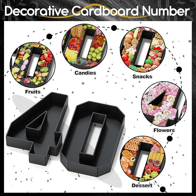 40 Cardboard Numbers for Charcuterie Numbers Fillable 13.8'' Black Paper Mache Number Shaped Cupcake Pans Board Box Trays Container for Food Candy 40th Birthday Party Decorations Anniversary