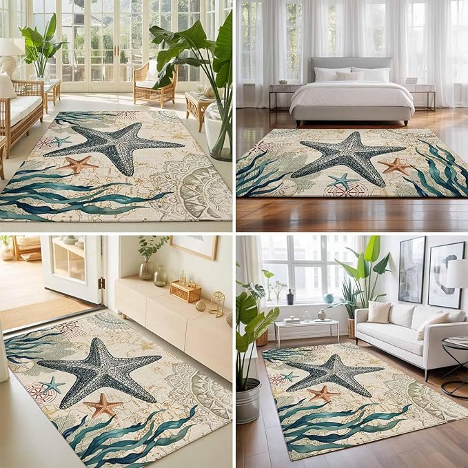 Area Rug 3x5ft, Nautical Starfish Teal Seaweed Starfish Washable Rugs for Living Room Bedroom, Marine Life Soft Non-Slip Area Rugs Rectangle Floor Carpet for Dining Room