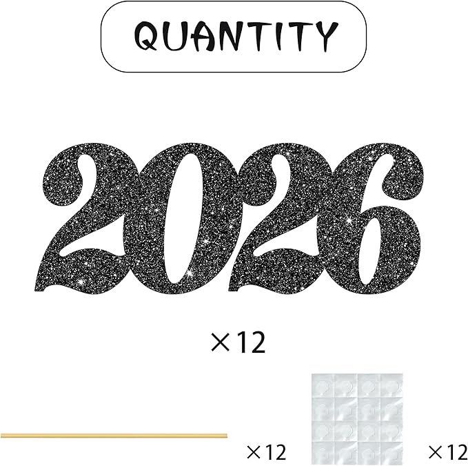12pcs Black Glitter 2026 Number Centerpiece Sticks Congrats Party Decorations for Table Class of 2026 Graduation Centerpieces for Hello 2026 Christmas New Year Eve Party Supplies