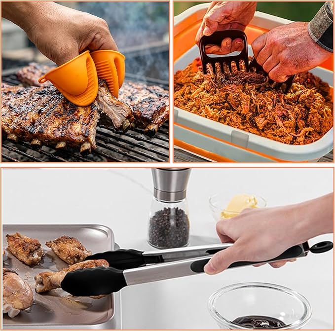 Collapsible BBQ Prep Tub 8L Orange | Portable Meat Marinating Container with Locking Cutting Board Lid, BBQ Tongs, 2 Meat Shredding Claws & 2 Heat-Resistant Grill Gloves for Camping & Grilling