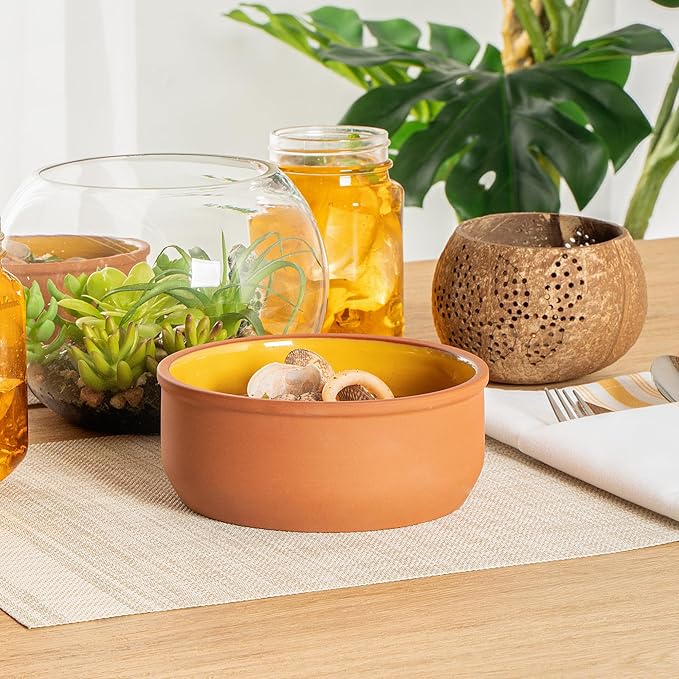 Restaurantware-Terra Tek 27.2 Ounce Terracotta Cazuelas, 2 Yellow Glazed Clay Pots For Cooking - Oven-Ready, Microwavable, Terracotta Serving Pots, Dishwashable, For Cooking And Serving