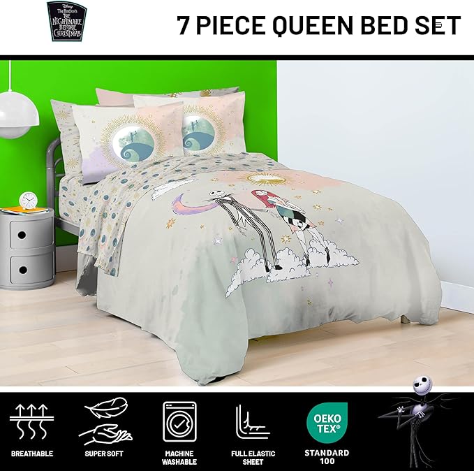 Disney Nightmare Before Christmas Queen Size Comforter Set - 7 Piece Jack and Sally Bedding Includes Sheet Set & Pillow Covers - Super Soft Ombre Bedding