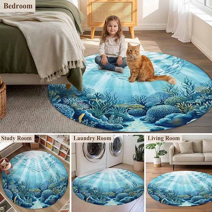 Washable Round Area Rug Underwater World Coral Seaweed Circle Rugs Floor Carpet for Living Room Bedroom, Seafloor Ocean Life Fish Soft Non Slip Round Rug 5ft