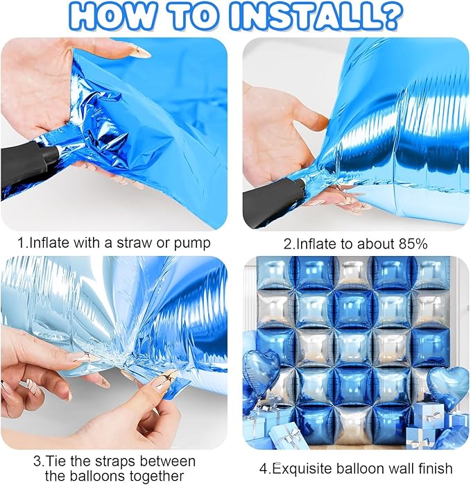 Blue Silver Square Foil Balloon Wall,25Pcs Double Sided Balloons Backdrop Helium Polyester Film Balloon Tunnel Arch Garland Kit for Birthday Bridal Anniversary Baby Shower Party Decorations