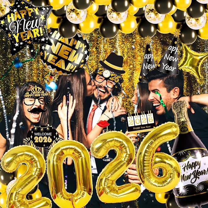 New Years Eve Party Supplies 2026 New Years Decorations 2026 Happy New Year Decorations Eve Party Decorations, Hats & Glasses, Photo Props, Happy New Year Banner Foil Balloon Curtain Hanging Swirls