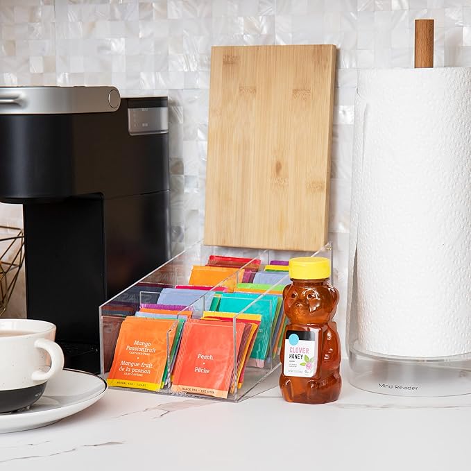 Mind Reader Tea Bag Organizer, Tea Station, Countertop Storage, Acrylic, 6.25"L x 9"W x 5.5"H, Brown