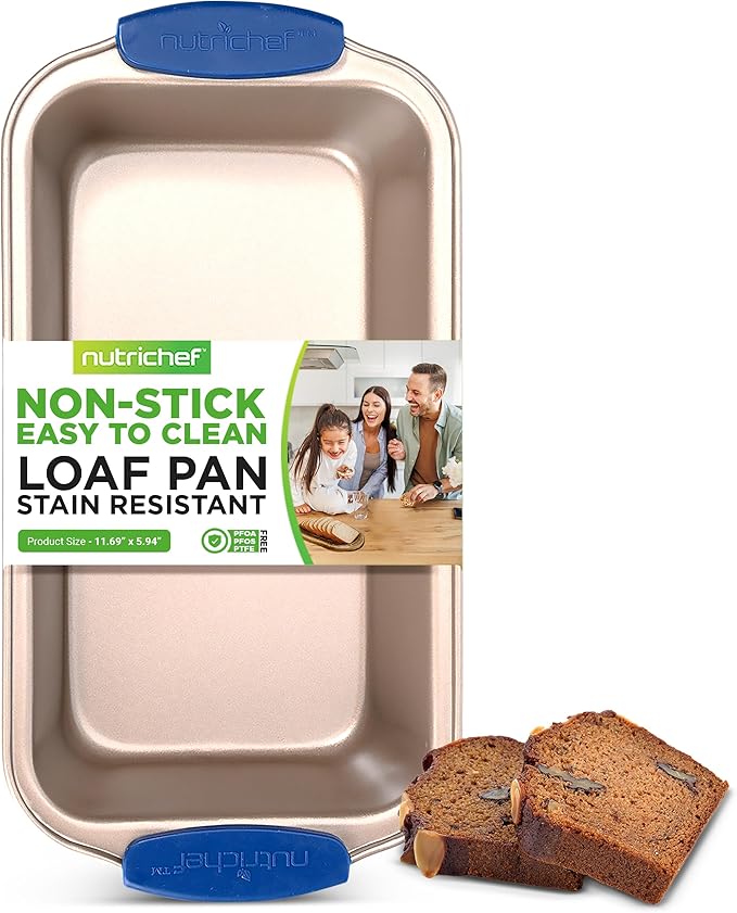 Non Stick Loaf Baking Pan, Deluxe Gold Carbon Steel Pan with Blue Silicone Handles, Quality Metal Bakeware For Cooking & Baking Cake Loaf, Muffins & More, Compatible with Model NCSBSG36