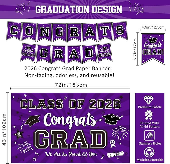 Graduation Decorations Class of 2026 Set - Purple Themed Congrats Grad Banner & Backdrop, Hanging Swirls, Porch Sign, Balloons, Foil Number 2026 for High School & College Celebrations
