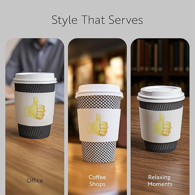 Restaurantware SLEEVES ONLY: Restpresso 5.1 x 2.8 Inch Coffee Cup Sleeves 50 Corrugated Hot Cup Sleeves - Thumbs-Up Emoji Heat-Tolerant White Paper Disposable Coffee Sleeves Secure Grip