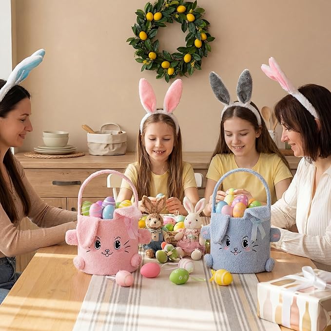 Mimorou 3 Pack Easter Basket Soft Plush Bunny Sherpa Personalized Bucket with Rabbit Ears Decorative Bow Large Bunny Tote Bags Ideal for Egg Hunt, Party Favors(White Pink and Blue)