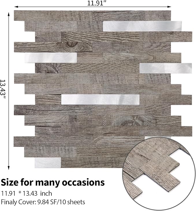 Yipscazo 1 Sheet Peel and Stick Stone Metal Tile Backsplash, Stick on Tiles for Backsplash Kitchen, Bathroom, Laundry Room, Camper, Fireplace (12'' X 12'', Gray Wood with Metal)