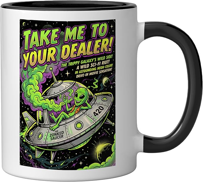 Take Me to Your Cannabis Stoner 420 Alien UFO Sci-Fi Weed Ceramic Mug, Black/White