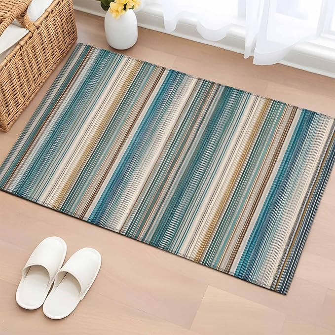 Area Rug 2x3ft, Minimalist Vertical Stripes Washable Rugs for Living Room Bedroom, Retro Boho Lines Soft Non-Slip Area Rugs Rectangle Floor Carpet for Dining Room