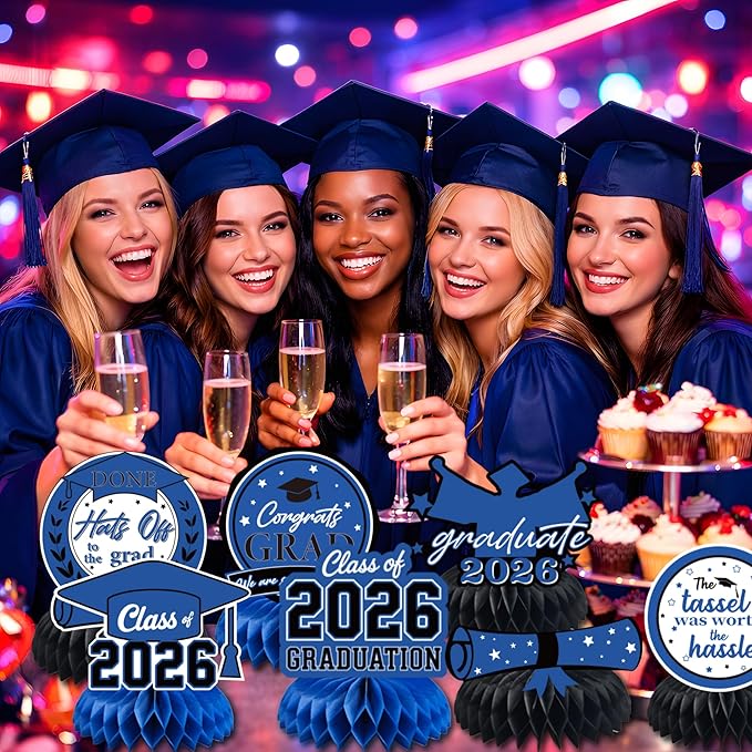 Graduation Decorations 2026 - Blue Graduation Honeycomb for Table Centerpiece | Graduation Party Decorations Class of 2026,Table Toppers for Graduation Party Favors Supplies Indoor Outdoor