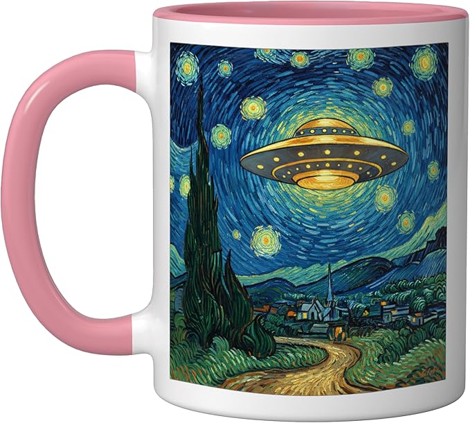 Ufo Over Starry Night Van Gogh Style Sci Fi Saucer Art Ceramic Mug, Pink/White