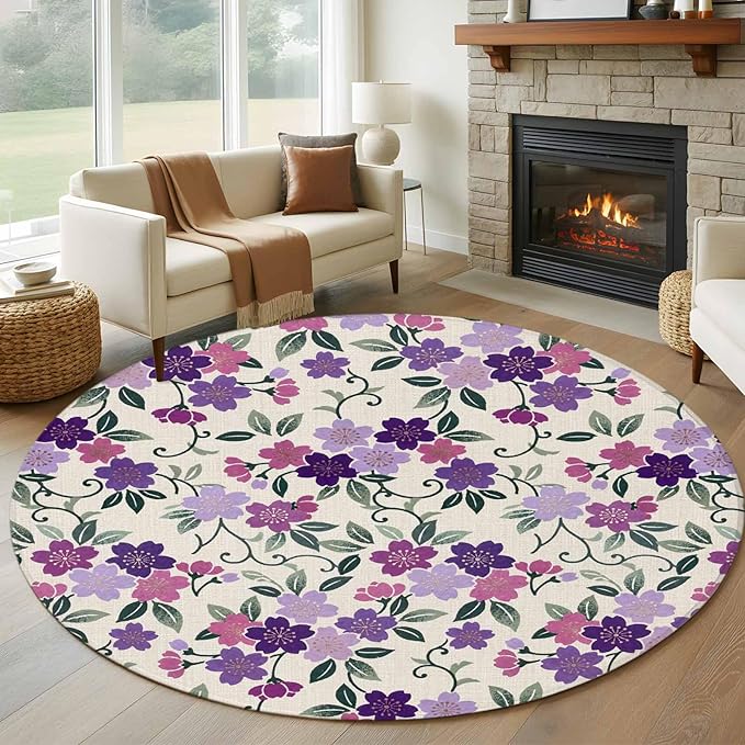 Washable Round Area Rug Watercolor Country Flowers Circle Rugs Floor Carpet for Living Room Bedroom, Plum Blossoms on Linen Soft Non Slip Round Rug 5ft