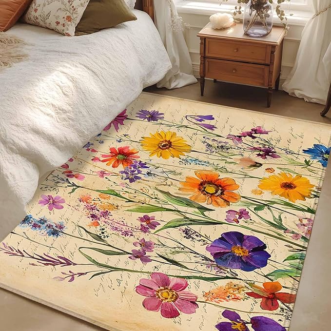 Area Rug 3x5ft, Farmhouse Colorful Small Flower Washable Rugs for Living Room Bedroom, Retro Backdrop Seamless Soft Non-Slip Area Rugs Rectangle Floor Carpet for Dining Room
