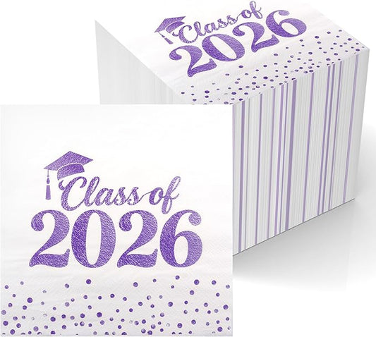 Graduation Napkins Class of 2026 Napkins Disposable Paper Napkins Congrats Grad Cocktail Napkins Graduation Decorations 2026 Purple Napkins Hand Towels for College Graduation Party Decorations 100 Pcs