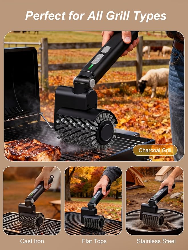 Electric Grill Brush, 3-Speed Power Control Grill Brush for Outdoor Grill, Rechargeable BBQ Grill Brush, Cordless Grill Cleaning Brush with 2 Brush Head & Scouring Pad, Gifts for Men/Dad