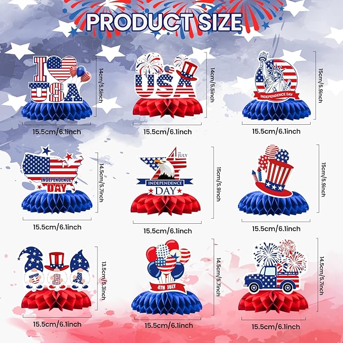 4th of July Honeycomb Centerpieces - 9PCS Patriotic Themed Table Decorations, Red White Blue Independence Day Party Supplies for Patriotic Events American Theme Gatherings