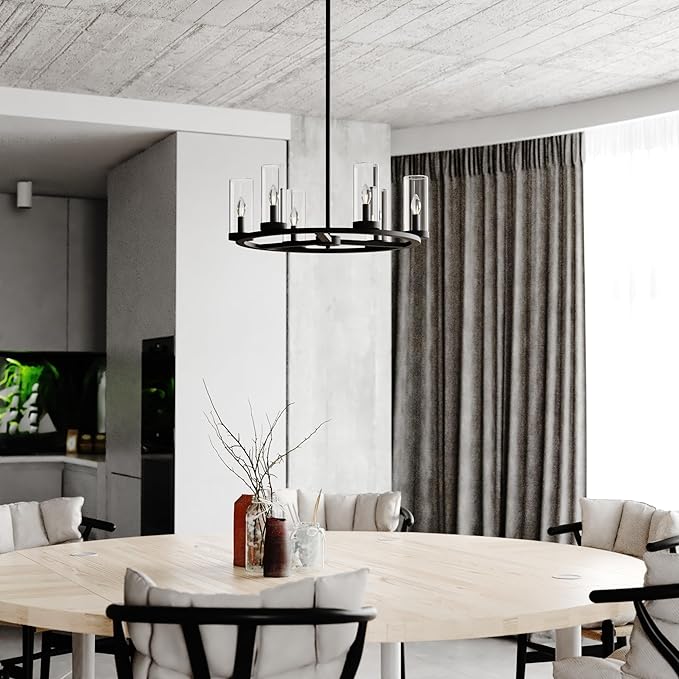 VAXCEL Grantley 6 Light Matte Black Wheel Chandelier Fixture Clear Glass Shade, LED Compatible, Damp Rated