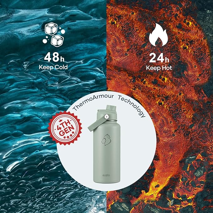 BUZIO 32 oz Water Bottle Insulated, Leakproof Stainless Steel Flask (Cold for 48 Hrs), Wide Mouth BPA-Free Metal Thermo Hydro Canteen with 2 Lids, Sage Green