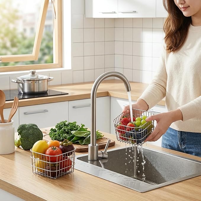 2 Pack Stainless Steel Wire Fruit Basket, 5.3 x 5.3 x 4 In Kitchen Countertop Drain Fruit Bowl, Wire Mesh Colander, Metal Food Storage Organizer for Fruit Vegetable Bread Snack Bathroom