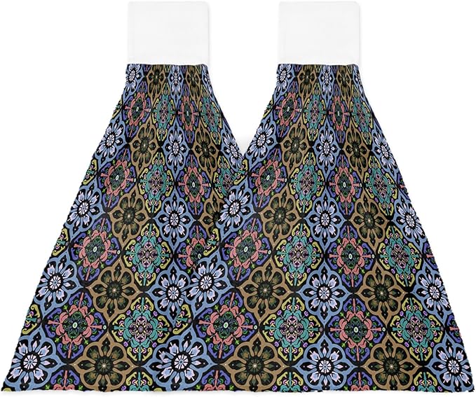 Alandar Home Kitchen Tie Towel Set of 2, Damask Baroque Ethnic Floral Bohemian Absorbent Soft Hand Towels for Bathroom Hanging Towels, Rhombus Geometric Art Fast Drying Cleaning Cloth with Loop