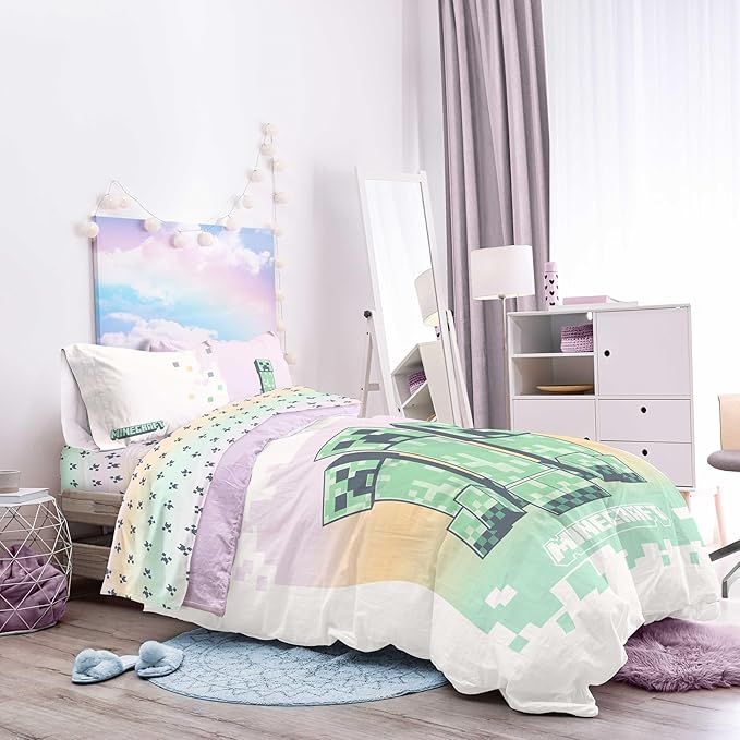Jay Franco Minecraft Creeper Full Comforter Set - 7 Piece Bedding Includes Sheet Set & Pillow Covers - Super Soft Pink & Green Kids Bedding
