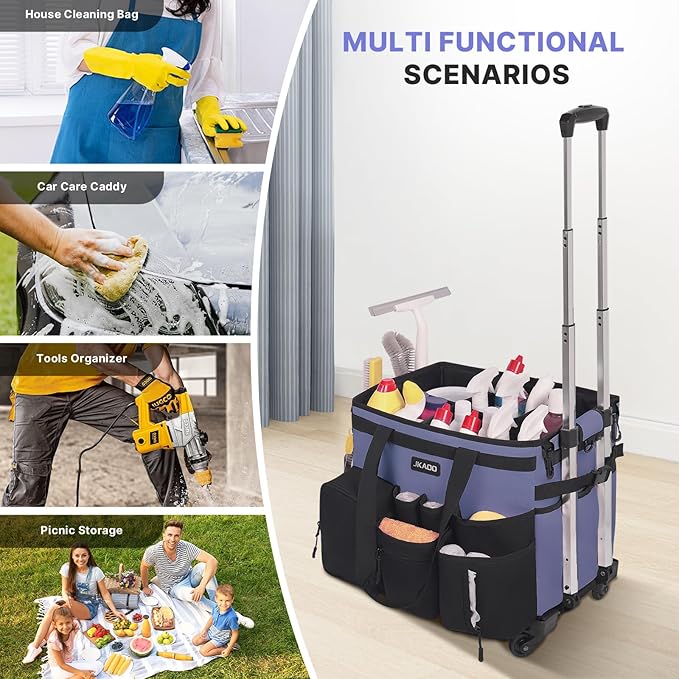 JKAOO Large Rolling Cleaning Caddy Bag with Detachable Trolley, Waterproof Cleaning Caddy on Wheels for Housekeepers, Cleaning Cart Supplies Organizer for Home,Car,Office,Picnic (Denim Blue)(InPatent)