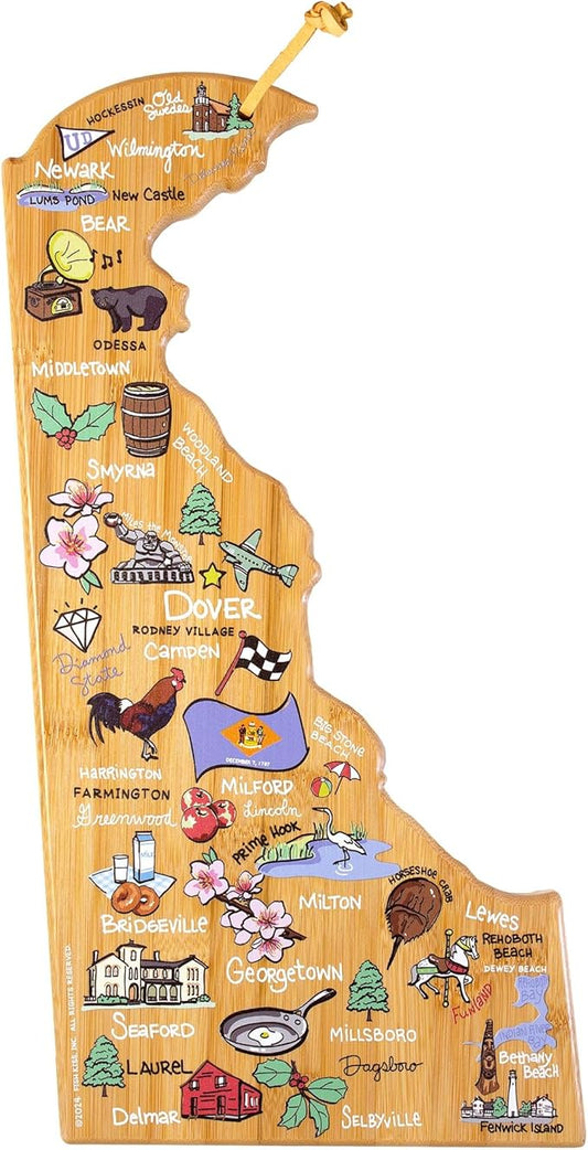 Totally Bamboo Delaware State Shaped Cutting Board and Charcuterie Serving Platter with Artwork by Fish Kiss, Includes Hang Tie for Wall Display