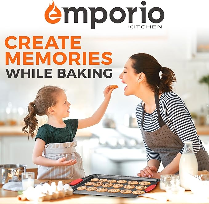 Emporio Kitchen Baking Pan Set - Nonstick Coating, Carbon Steel Bakeware Set with Red Silicone Handles, PFOA, PFOS, PTFE Free, Recipe Booklet Included, Oven Safe Tray (Up To 450° F), Set of 25 - Black