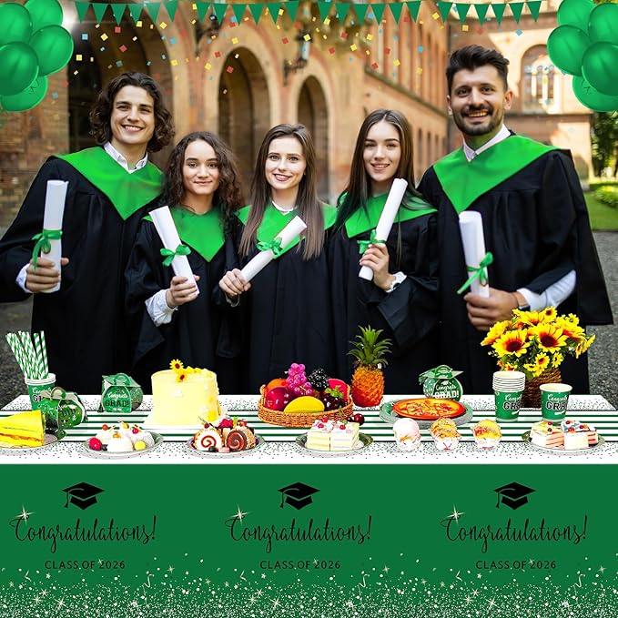 12 Pack Class of 2026 Graduation Tablecloths,Foil Dot Plastic Disposable Rectangle Table Covers for 2026 High School University College Graduation Party Decorations,108*54 Inch (Green and Black)
