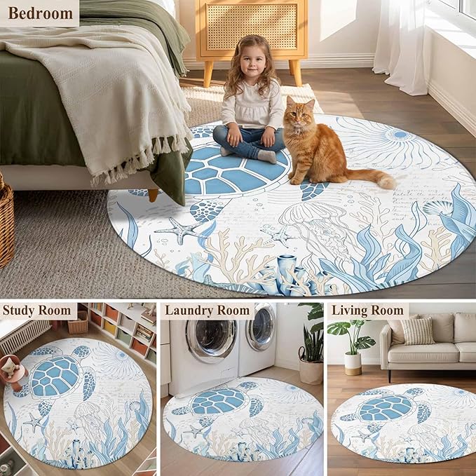 Washable Round Area Rug Blue Sea Turtles Stars Corals Circle Rugs Floor Carpet for Living Room Bedroom, Vintage Marine Life Soft Non Slip Round Rug 3ft