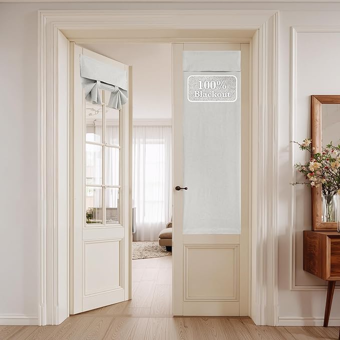 NICETOWN 100% Blackout Linen Door Curtains for Window, Privacy French Door Blinds 69 Inches Long for Kitchen Living Room, Room Darkening Tie Up Shade, 1 Panel, 26W x 69" L, Greyish White