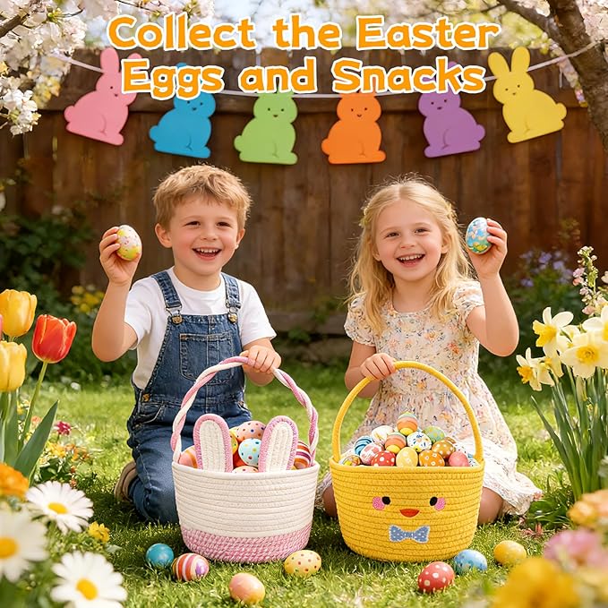 Easter Basket, Easter Baskets for Kids,Empty Chick Woven Rope Cotton for Eggs,Easter Egg Hunt Storage Bin with Handle, Baby Nursery Candy for Toddler, Boys and Girls, 9''×12''
