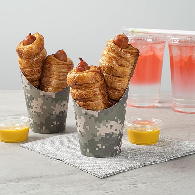 Restaurantware-Bio Tek 12 Ounce French Fry Containers, 100 Disposable Charcuterie Cups - Incline Design, Round, Camouflage Paper French Fry Cups, Stackable, For Waffles, Chips, or Popcorn