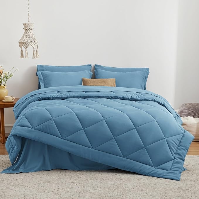 Love's cabin Queen Comforter Set Misty Blue, 7 Pieces Queen Bed in a Bag, All Season Bedding Sets with 1 Comforter, 1 Flat Sheet, 1 Fitted Sheet, 2 Pillowcase and 2 Pillow Sham | Soft, Breathable, Lightweight, Comfortable