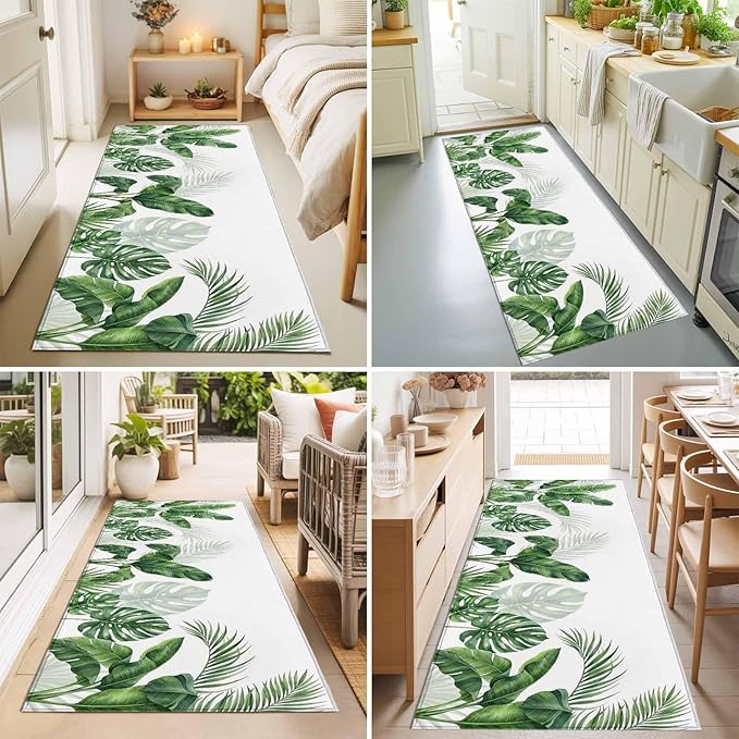 Runner Rug for Bedroom Hallway, Watercolor Green Tropical Leaves Kitchen Runner Rugs Area Rug 2x6ft, Botanical Palm Leaf Plants Washable Soft Floor Carpet for Entryway Stair