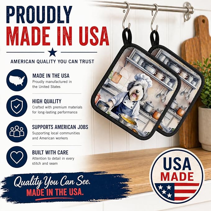 Caroline's Treasures Old English Sheepdog The Chef Pair of Pot Holders Kitchen Heat Resistant Pot Holders Sets Oven Hot Pads for Cooking Baking BBQ, 7 1/2 x 7 1/2