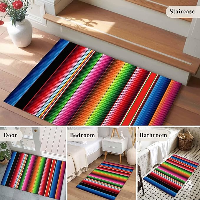 Area Rug 2x3ft, Mexico Art Colorful Stripes Washable Rugs for Living Room Bedroom, Color Gradient Lines Soft Non-Slip Area Rugs Rectangle Floor Carpet for Dining Room