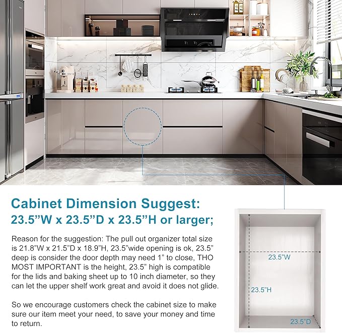 TQVAI Pots and Pans Organizer, Full-Extension Pull Out Cabinet Organizer, Slide Out Drawers for Kitchen Cabinets with Adjustable Dividers, Request at Least 23.5" W x 23.5" D x 23.5" H OpeningBlack