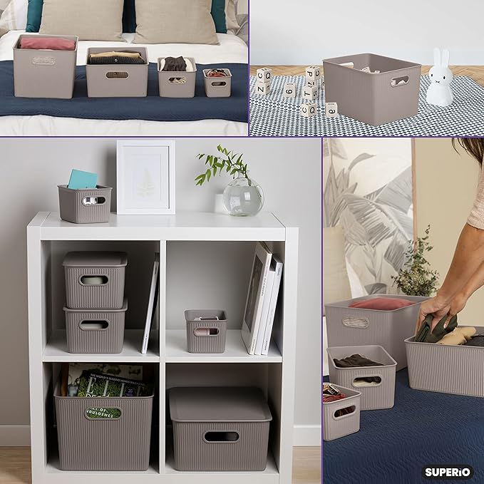 Superio Ribbed Collection - Decorative Plastic Basket Open Home Storage Bins Organizer, X-Large Taupe (1 Pack) Container Boxes for Organizing Closet Storage Bins for Shelves 22 Liter/23 Quart