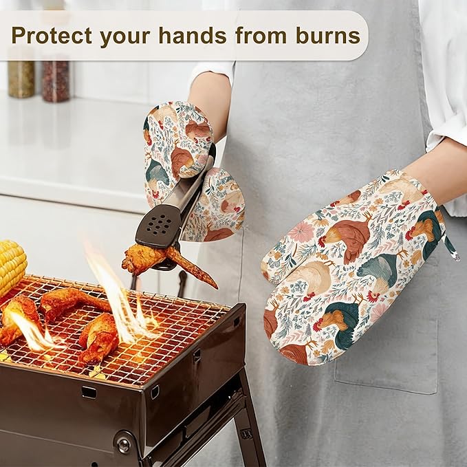 Cute Roosters Chicken Hens Oven Mitts and Pot Holders Set of 4, Heat Resistant Non Slip Plants Kitchen Gloves Hot Pads,Chef Cooking Baking Gifts for Women Bakers,Kitchen Cooking Lover Cooks