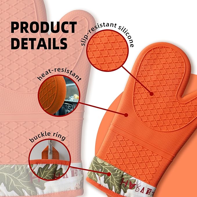 Pair of 2 Heat-Resistant Silicone Oven Mitts – Extra Long, Non-Slip Grip, Soft Cotton Lining, Perfect for Baking, Cooking & BBQ – 13” x 7” Kitchen Gloves (Pumpkin)