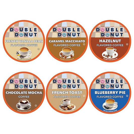 Double Donut Coffee Variety Pack Assorted Medium Roast, Dark Roast & Flavored Coffee in Recyclable Single Serve Cup, 48 Count